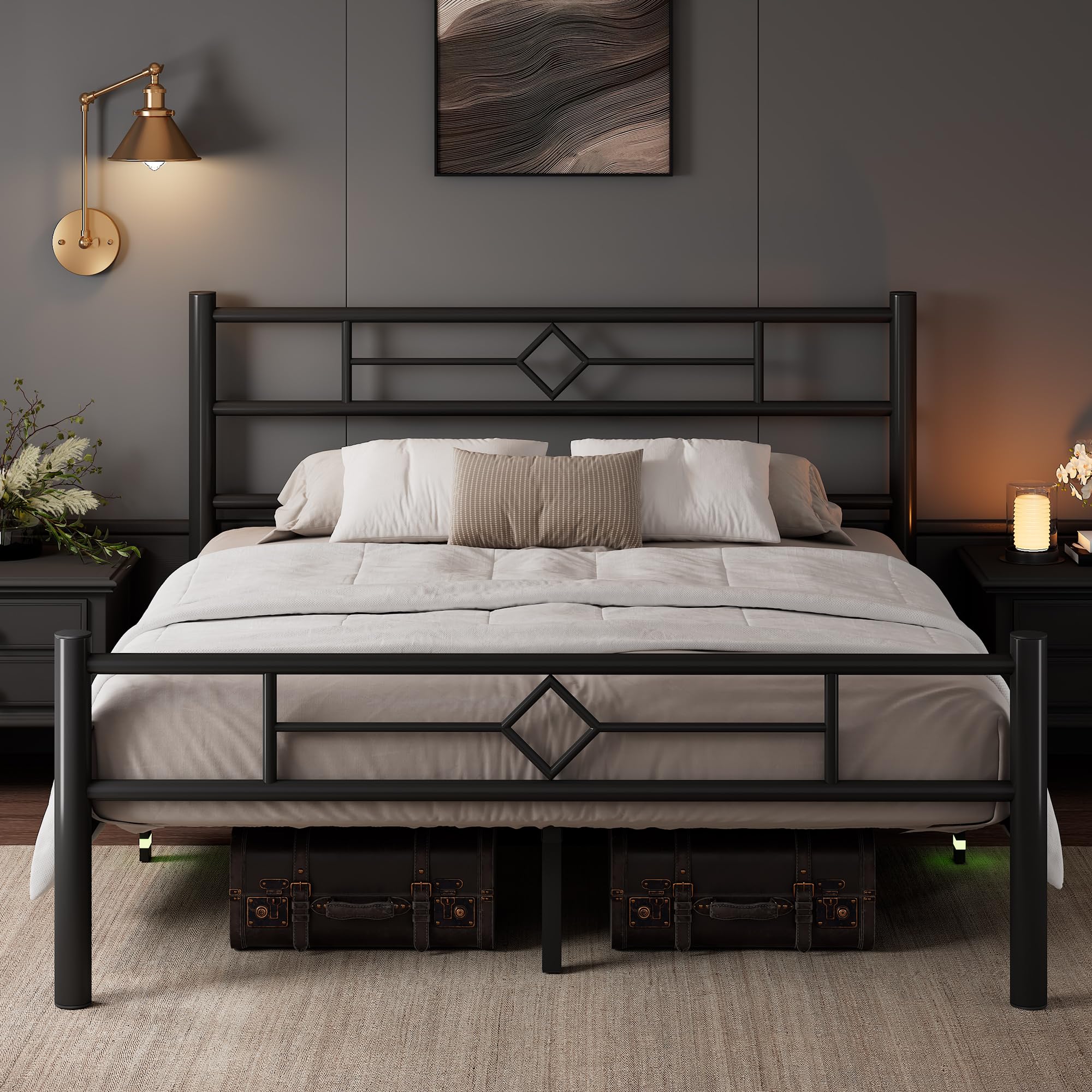 iPormis Double Bed Frame,135 x 190 cm,with Headboard and Footboard,Metal Bed Frame,300 kg Weight Capacity, Under Bed Storage Space,Easy Assembly,Black
