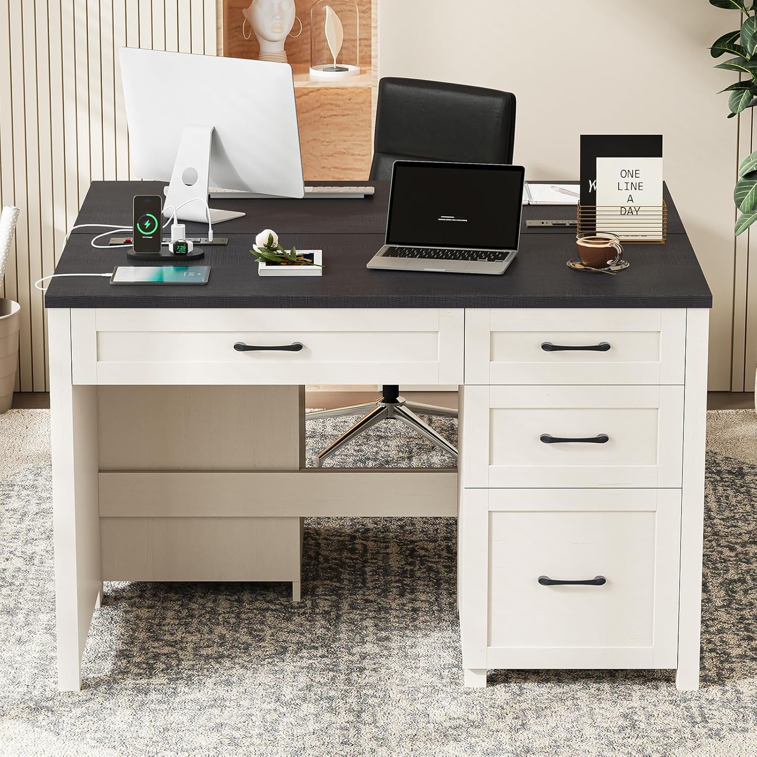 Vabches Farmhouse 47" Executive Desk, Computer Desk with File Drawer and Charging Station, Workstation for Home Office, Study,(Black).