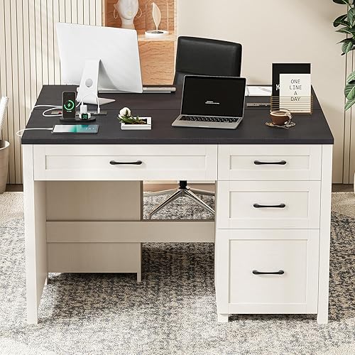 Miniatura 7 de Vabches Farmhouse - Escritorio ejecutivo de 47 pulgadas, escritorio para computadora con cajón de archivos y estación de carga, estación de trabajo