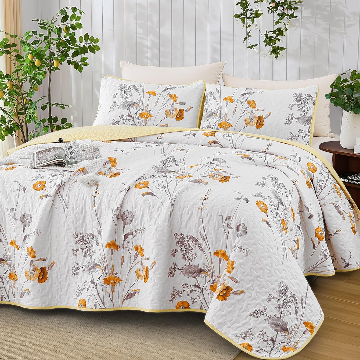 WONGS BEDDING Yellow Floral Quilt Set King Size, 3 Pieces Botanical Plants Pattern Bedspread Coverlet Set with 2 Pillowcases, Soft Lightweight Microfiber Bedding Set for All Season(104"×90") - Image 3