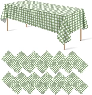 12Pack Sage Green Plastic Checkered Tablecloth, Premium Decorative Disposable Sage Green Gingham Plaid Table Cloths for Parties, Rectangle Party Table Cover for Picnic Birthday Wedding, 54x108 Inch