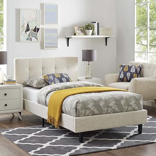 Miniatura 10 de Modway Linnea - Cama de plataforma tapizada blanca con soporte de listones de madera Blanco,Rojo atómico,Celeste,Beige,Gris,claro,Gris,verde azulado