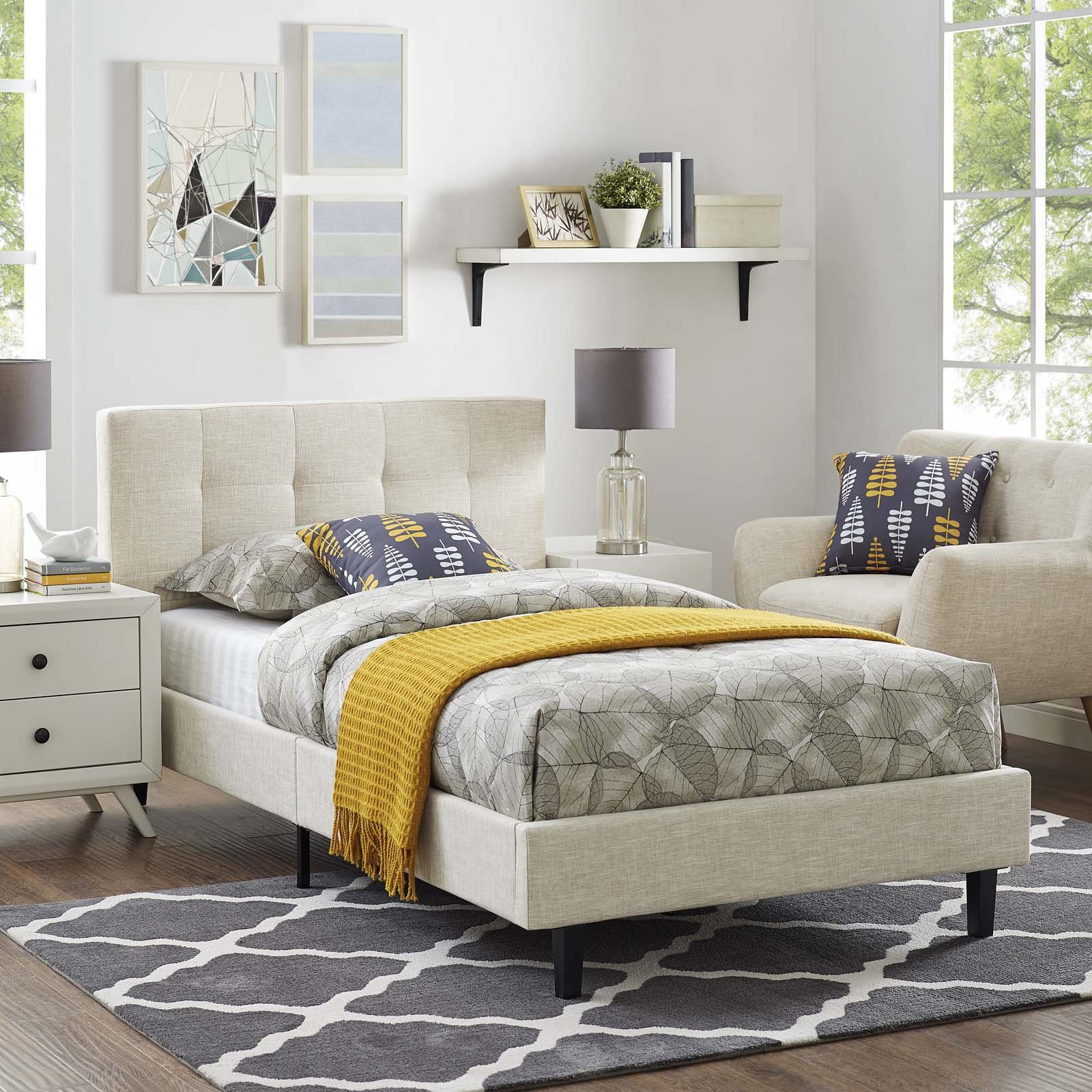 ModwayLinnea Upholstered Beige Twin Platform Bed with Wood Slat Support