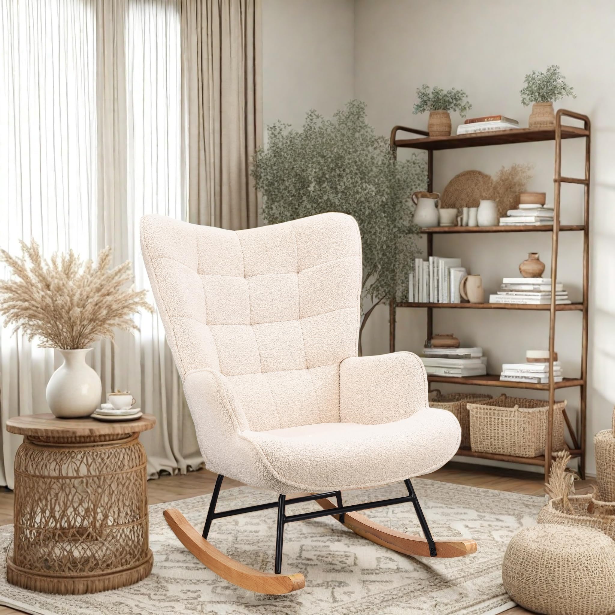 Silla mecedora para adulto, Rocking Chair, sillón de lactancia de peluche Teddy, silla mecedora, sillón salón con reposabrazos, para dormitorio, sala de estar, beige (Beige)