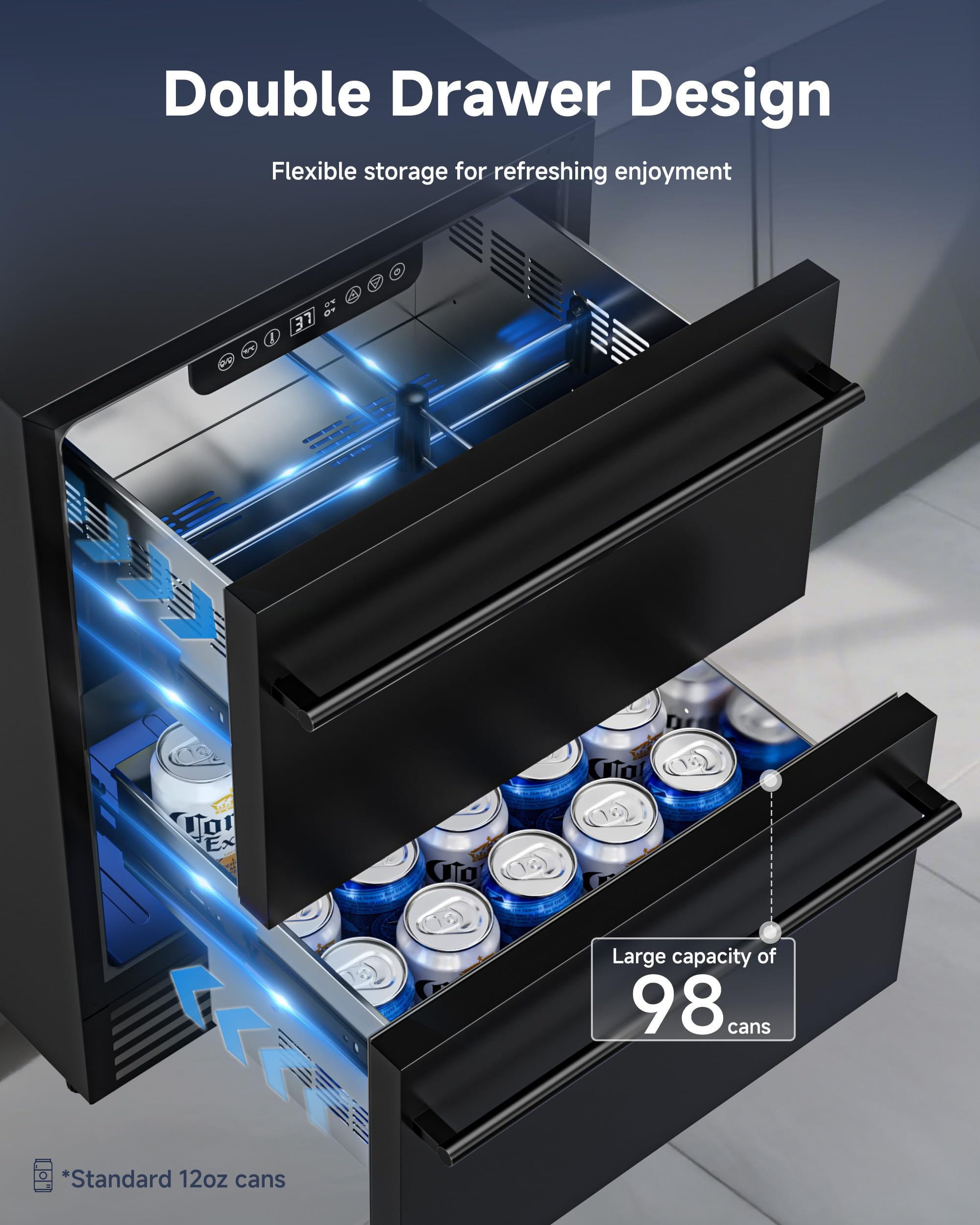 Icevival 24 Inch Under Counter Drawer Fridge, Outdoor Refrigerator With Dual Drawers, Stainless Steel Door, 98 Cans Beverage Refrigerator For Home & Commercial, 37℉-65℉ (Black) on Fridge.com - View 2
