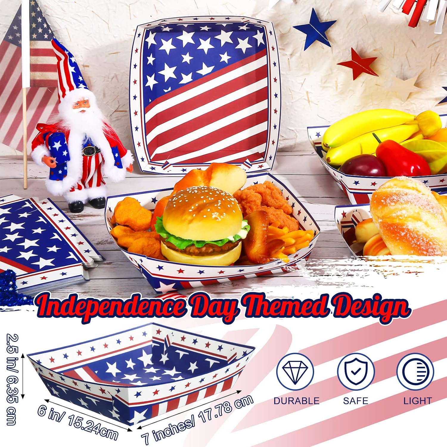 Sieral 36 Pcs American Flag Paper Food Tray, 250th Anniversary 4th of July Party Decorations, Red White Blue Hot Dog Trays Patriotic Food Serving Containers Boats for Summer Party Supplies image 2