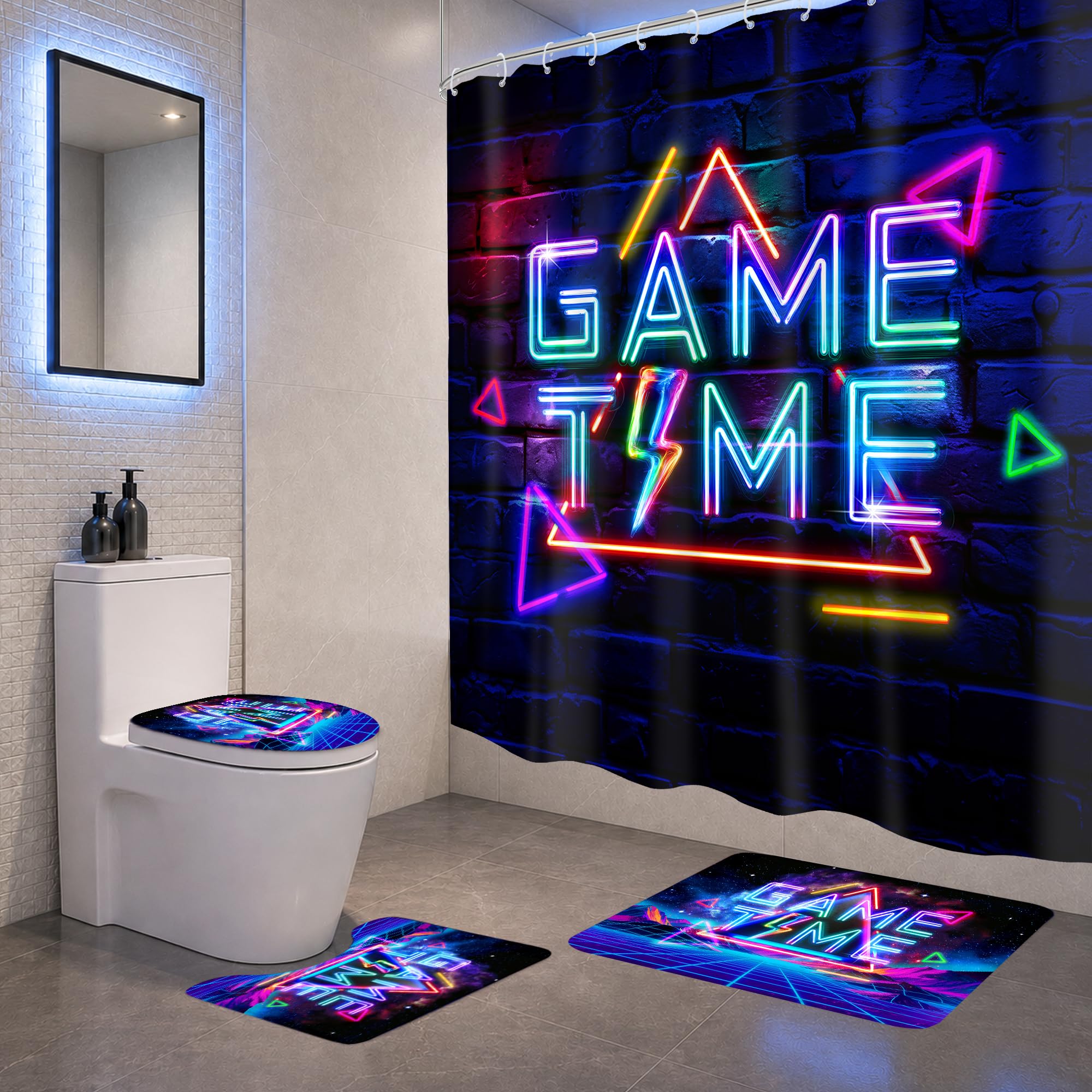 Kids Shower Curtain with Rugs Boys Kids Neon Game Gaming Cool Bathroom Sets
