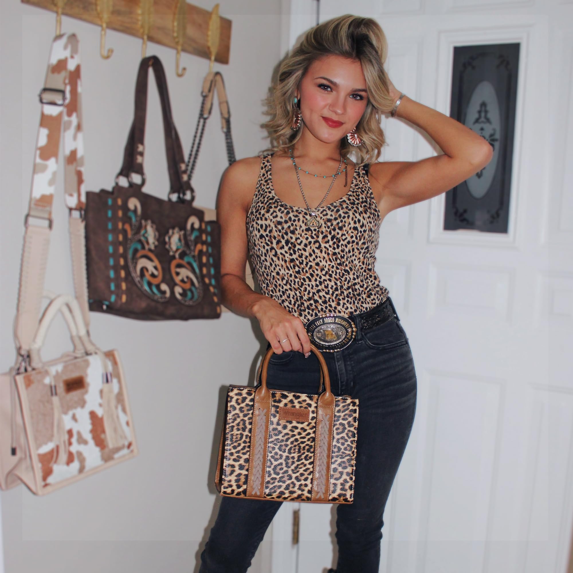 Wrangler Medium Tote Bag for Women Designer Satchel Handbags Top-handle Purses with Strap: Leopard-leopard Print