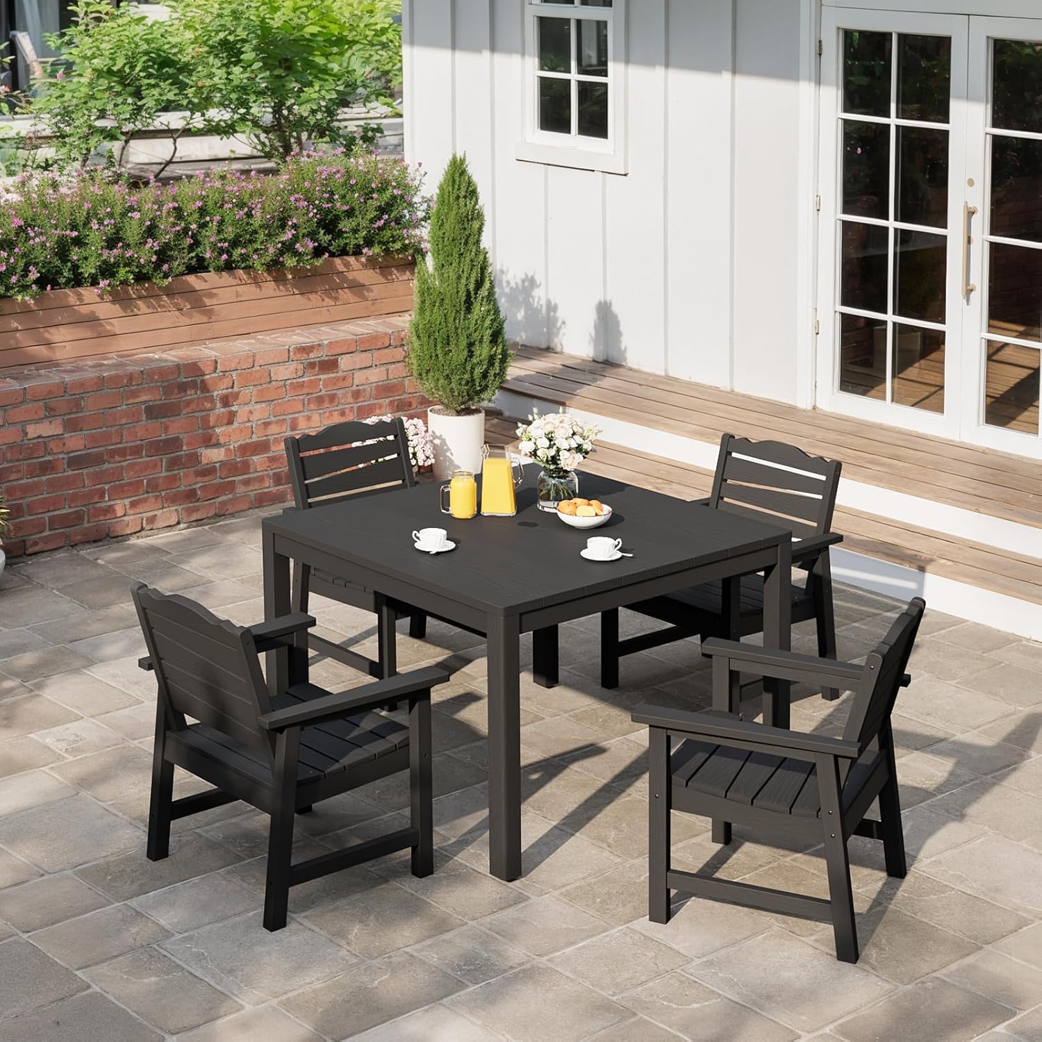 Outdoor Dining Table, Weatherproof 34" Square HIPS Patio Dining Table for 4, with 2" Umbrella Hole, Outdoor Table for Backyard Deck Poolside, Black