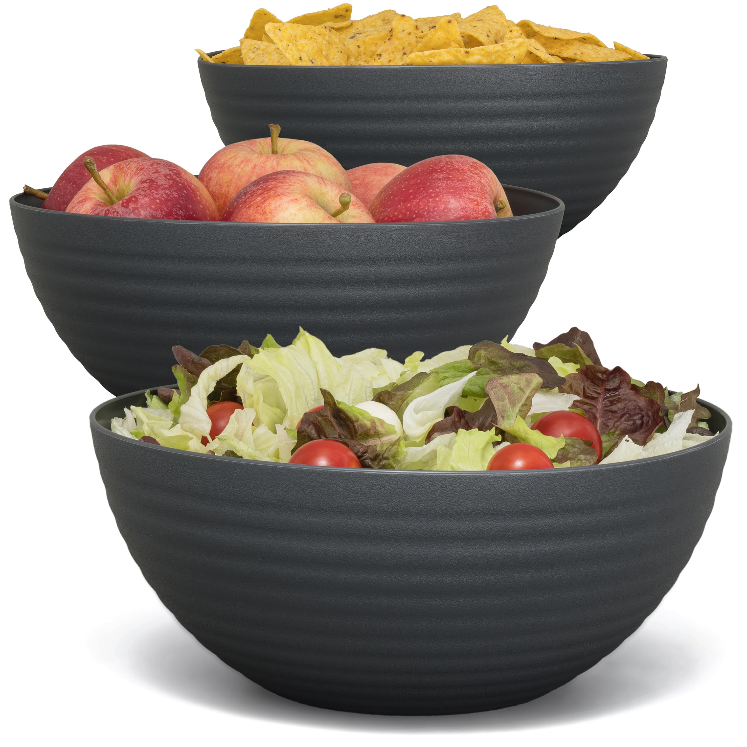 Hausfelder Large Salad Bowl 3-Piece Set – Bowls for Chips, Snacks & Salad – BPA-Free Plastic Serving Bowls – Black Anthracite 3.3 L