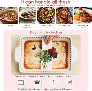 ACMLIFE Ceramic Casserole Dish for Oven, Ceramic Baking Dish Set with Roasting Racks, Floral Baking Dishes for Oven Lasagna Pan, Large Baking Dish with Handles, Durable and Oven Safe Pan, Gift Packaging 4 Pcs Set(13x8+10.3x6.3) (Beauty Roasting Rack)