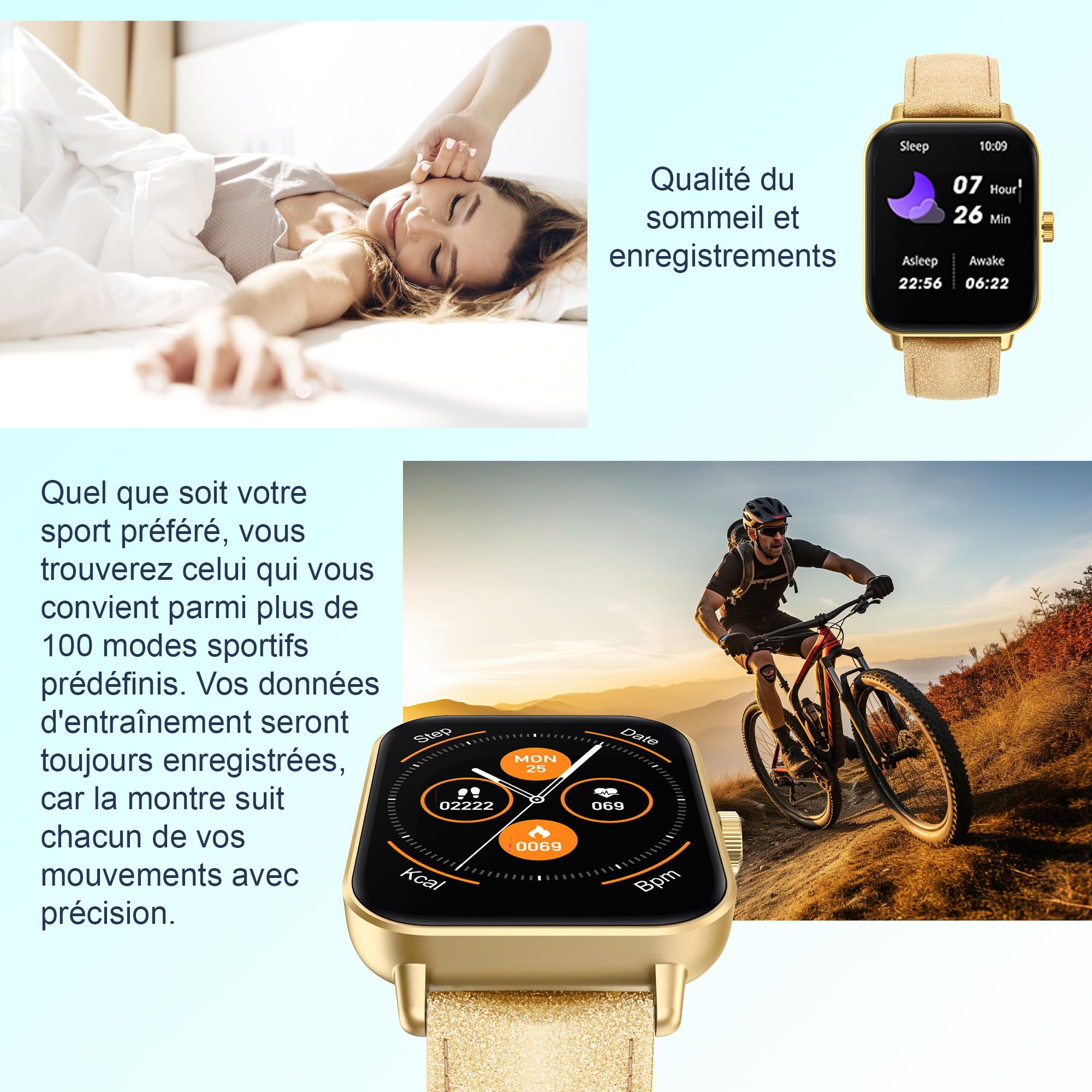 Digitec Montre connectée Square dorée, avec Bracelet Cuir doré pailleté, Femme, Suivi activité et Sommeil