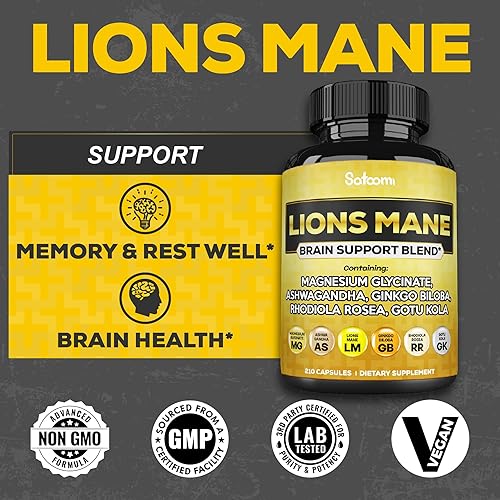 Miniatura 4 de Cápsulas de suplemento de melena de león con L-treonato de magnesio, raíz de Ashwagandha, ginkgo biloba, Rhodiola Rosea y Gotu Kola - 210 cápsulas