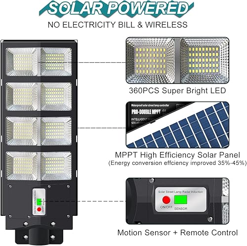 Miniatura 2 de Luz solar de calle de 500 W para exteriores, 360 LED del atardecer al amanecer, luz de calle LED impermeable IP65 alimentada por energía solar,