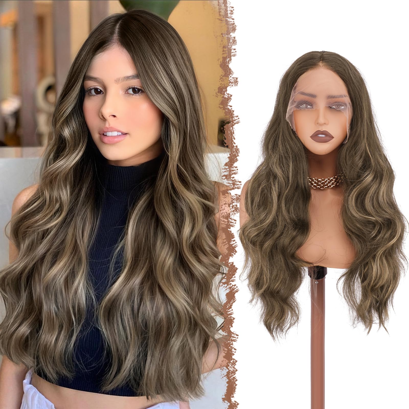 FESHFEN Parrucca Lace Front Senza Colla Lunghe Ondulate HD Lace Marrone Misto Biondo 70 cm