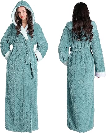 Oksun Womens Long Fleece Robe Soft Fluffy Jacquard Warm Hooded Bathrobe