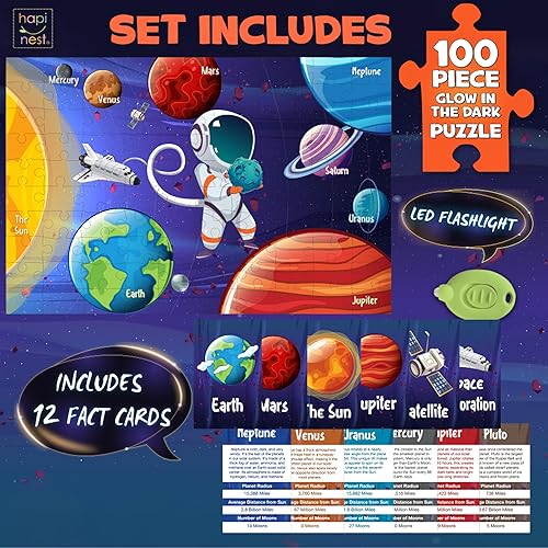 Miniatura 4 de Hapinest Rompecabezas de 100 piezas con sistema solar que brilla en la oscuridad para niños y niñas, regalos de 5, 6, 7, 8, 9, 10, 11, 12 años y más