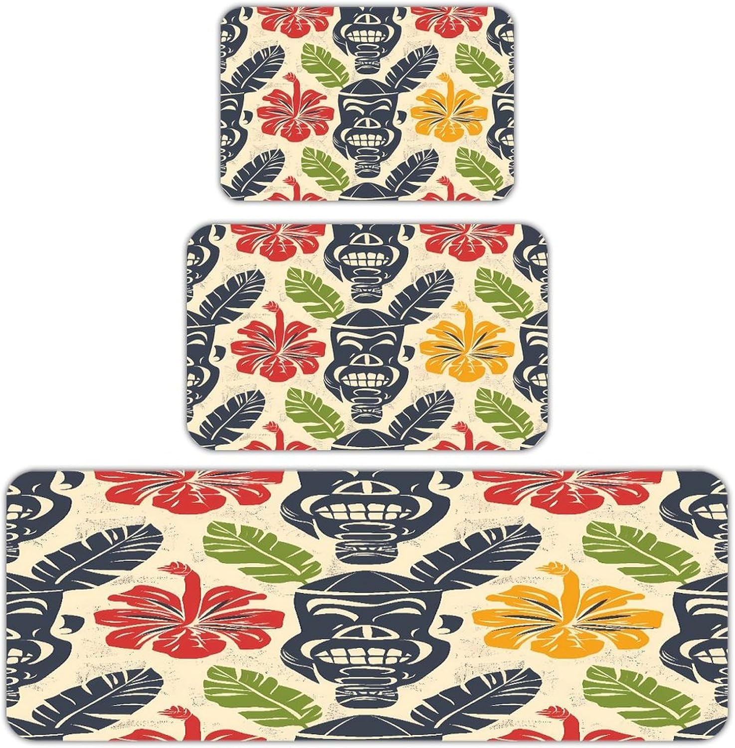 Aloha Tiki Pattern Kitchen Rugs Sets of 3 Washable Non Slip Kitchen Rug Water Resistant Carpet Piece Anti Fatigue Kitchen Mats Soft Comfort Standing Mat Modern Area Rug