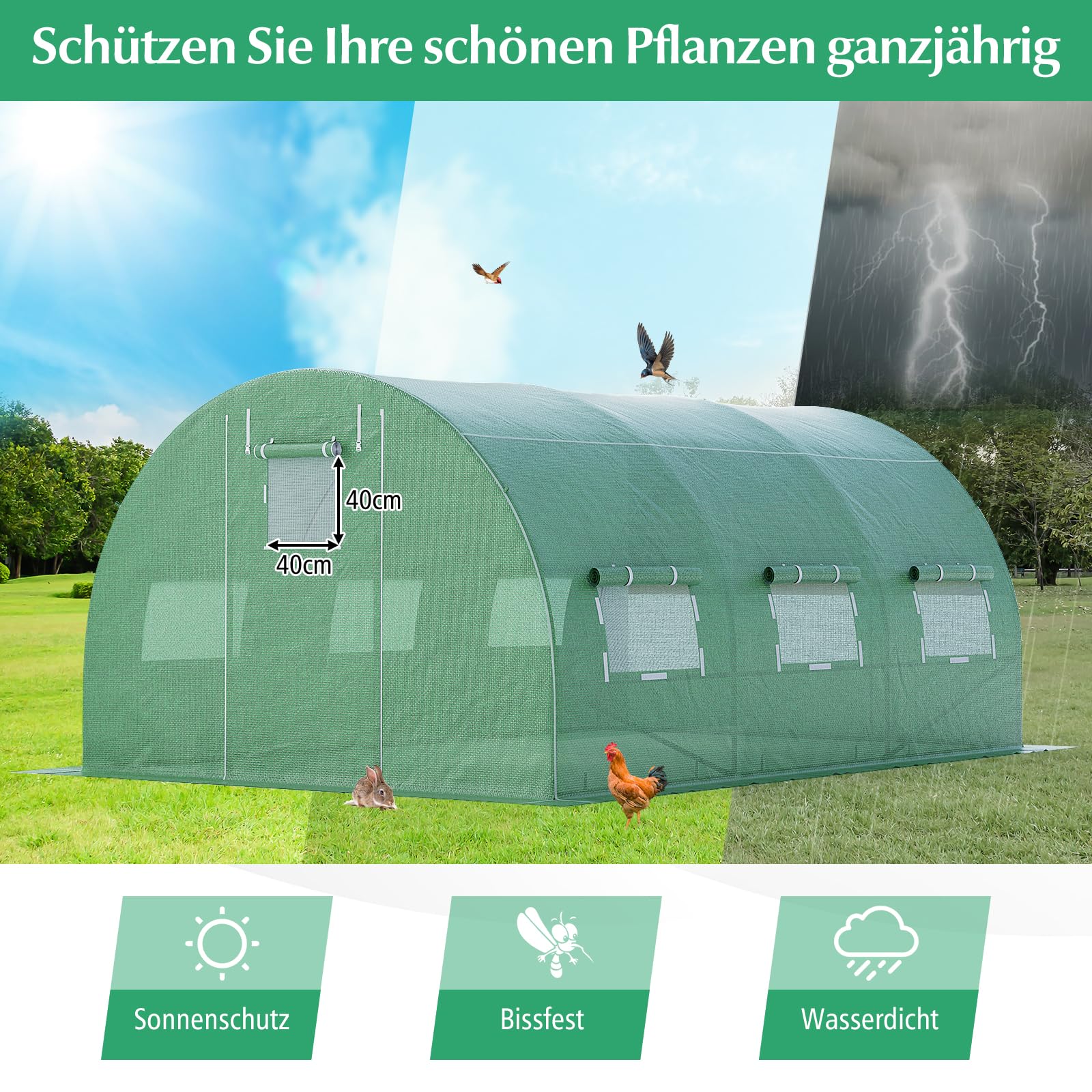COSTWAY Szklarnia, 4 x 3 x 2 m, 12 m², szklarnia foliowa z metalowym stelażem, 6 zwijanych okien z siatki i 2 drzwiami z zamkiem błyskawicznym, do ogrodu, tunelu foliowego, na pomidory, warzywa