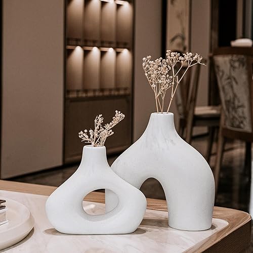 Jarrón de cerámica hueco círculo, blanco, 11"