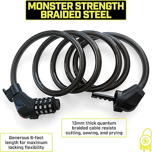 Miniatura 3 de Monster Lock - Candado de cable combinado de calibre 12 x 12 con luz LED incorporada, para bicicleta, puerta y cerradura de seguridad para