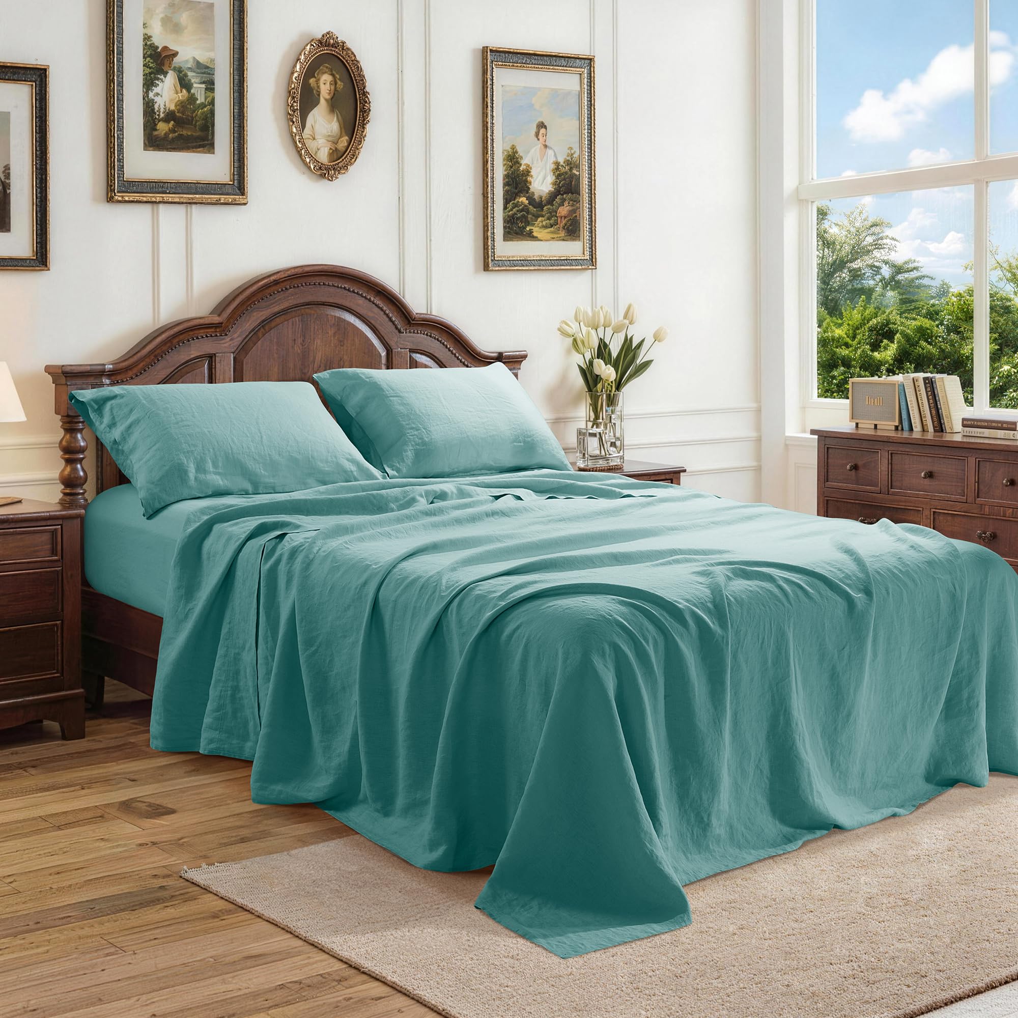 100% French Linen Sheet Set 4Pcs Deep Pocket 16", Full Size Aqua