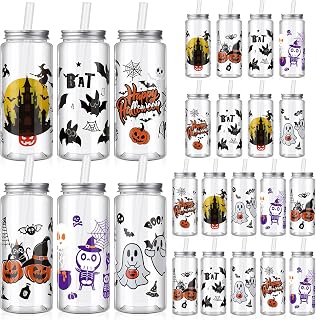 24 Pcs Halloween Reusable Plastic Cups Lids & Straws 13.5 oz | Clear Tumbler Set for Gaming Party Favors, Themed Birthdays, Outdoor Events, Daily Drinks