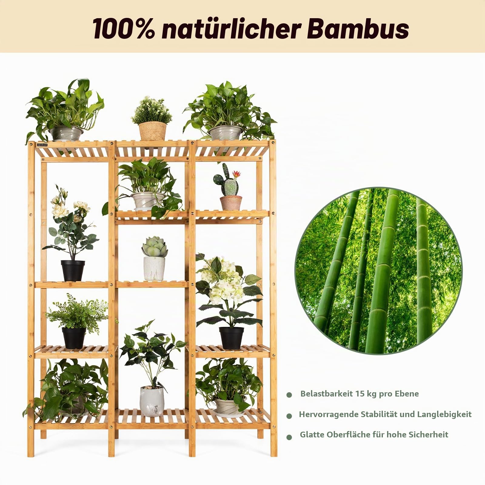 HOMASIS Blumenregal mit 5 Ebenen, Pflanzenregal aus Bambus, Pflanzenständer mit 12 Ablageflächen, Blumenständer Blumentreppe für Wohnzimmer, Balkon, Garten, Terrasse, 114 x 31,5 x 141 cm , Natur
