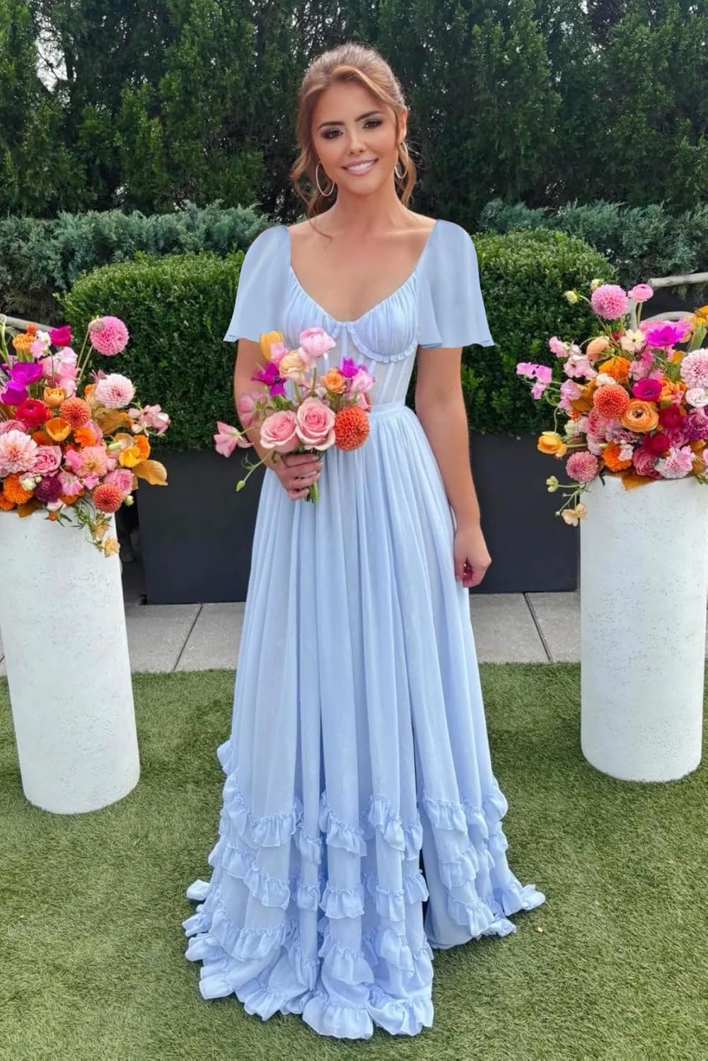 Short Sleeve Bridesmaid Dresses Corset Chiffon V-Neck Ruffled Long Slit Formal Wedding Guest Dress