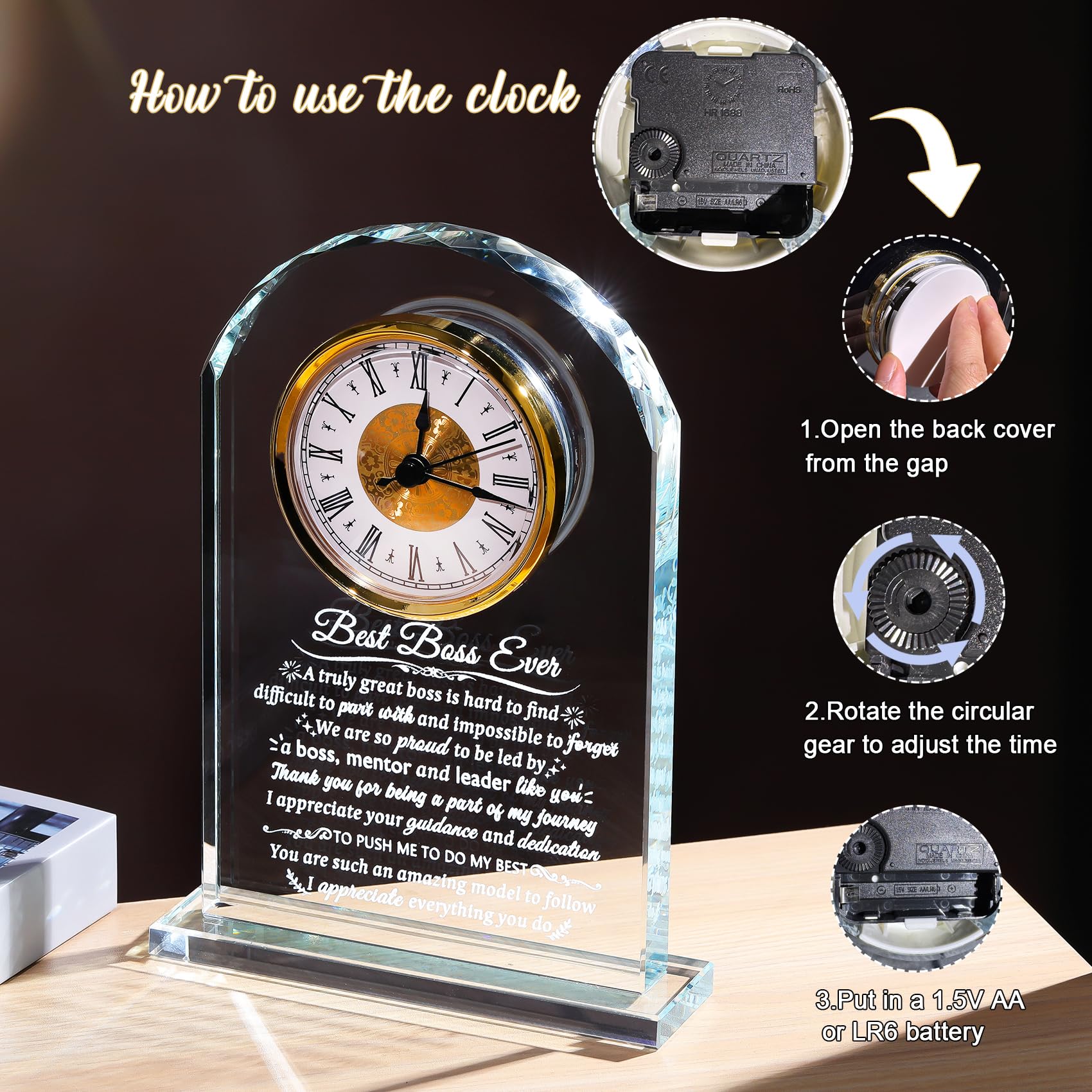 Reloj de cristal, regalo personalizado para mujeres, regalo de agradecimiento personalizado para hombres, reloj de jubilación, regalo para dama, jefa, despedida, idea de regalo para el día del jefe,