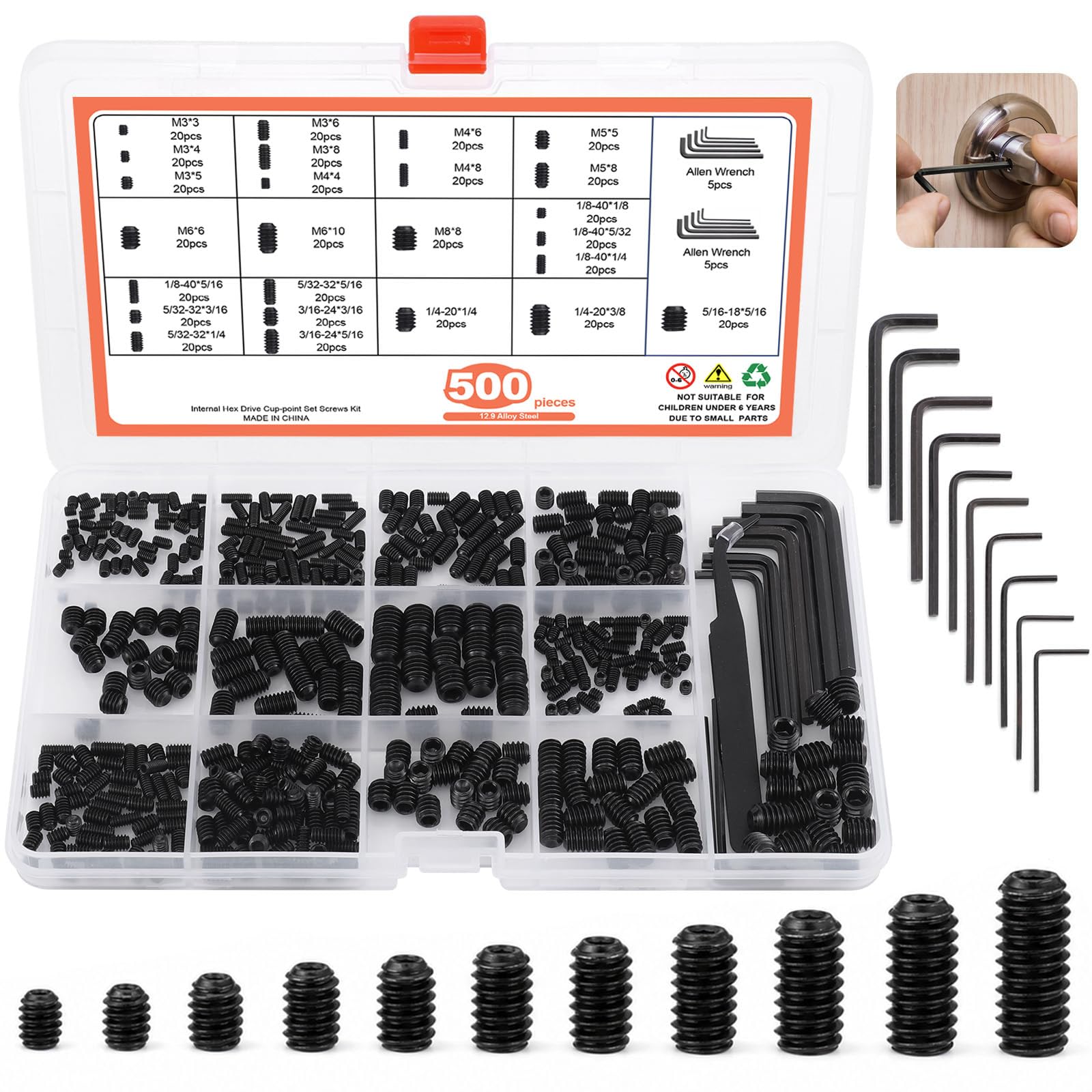 Wavanta 500Pcs Grub Screws Assortment Kit, Metric & Imperial Hex Socket Set Screws, 12.9 Alloy Steel, M3-M8, 1/8-40 to 5/16-18, with Allen Keys for Door Handles and Repairs