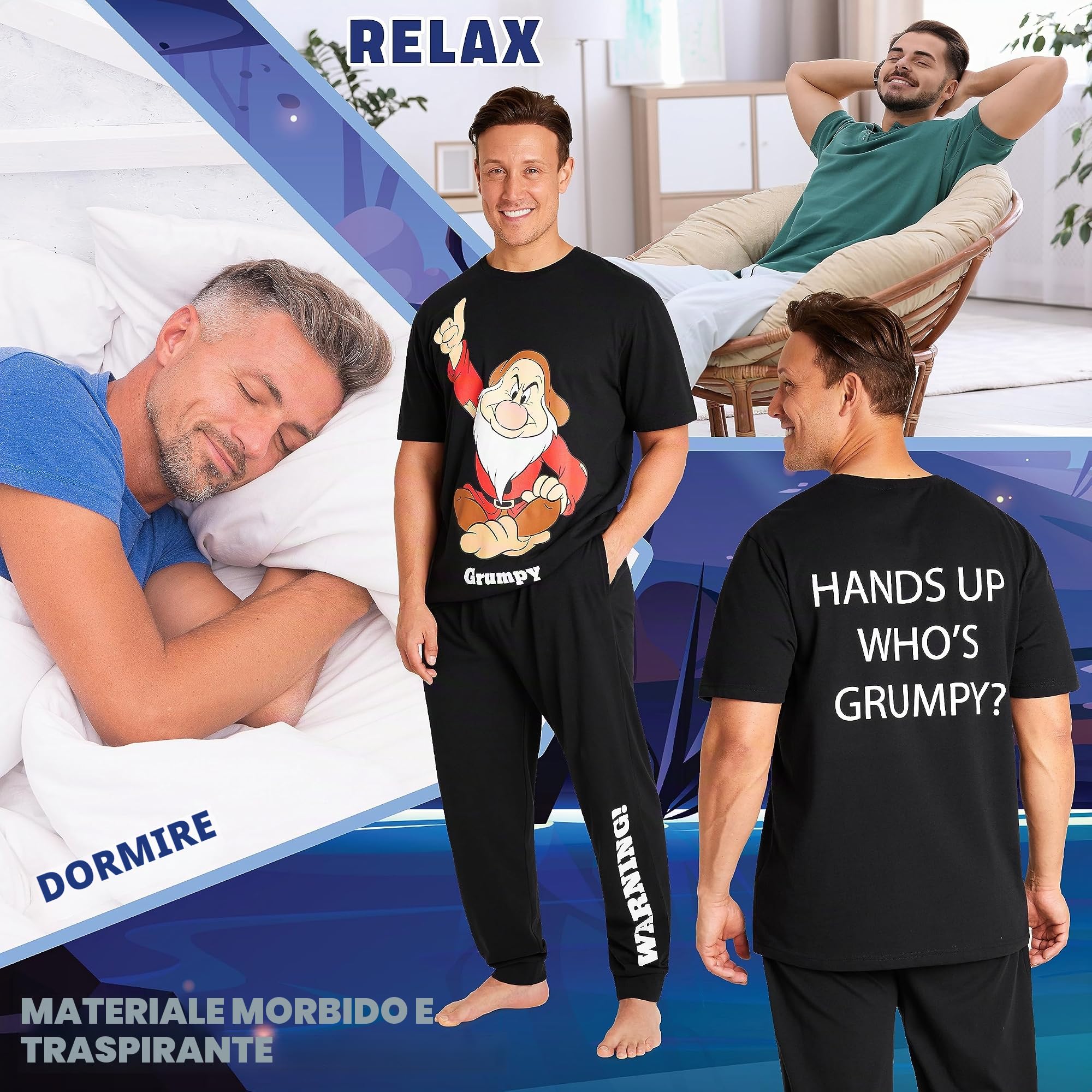 Disney Pigiama Uomo - Pigiama Uomo Cotone Brontolo Paperino M-3XL Pigiami Uomo e Ragazzi a Maniche Corte Pigiami Due Pezzi da Uomo Lungo