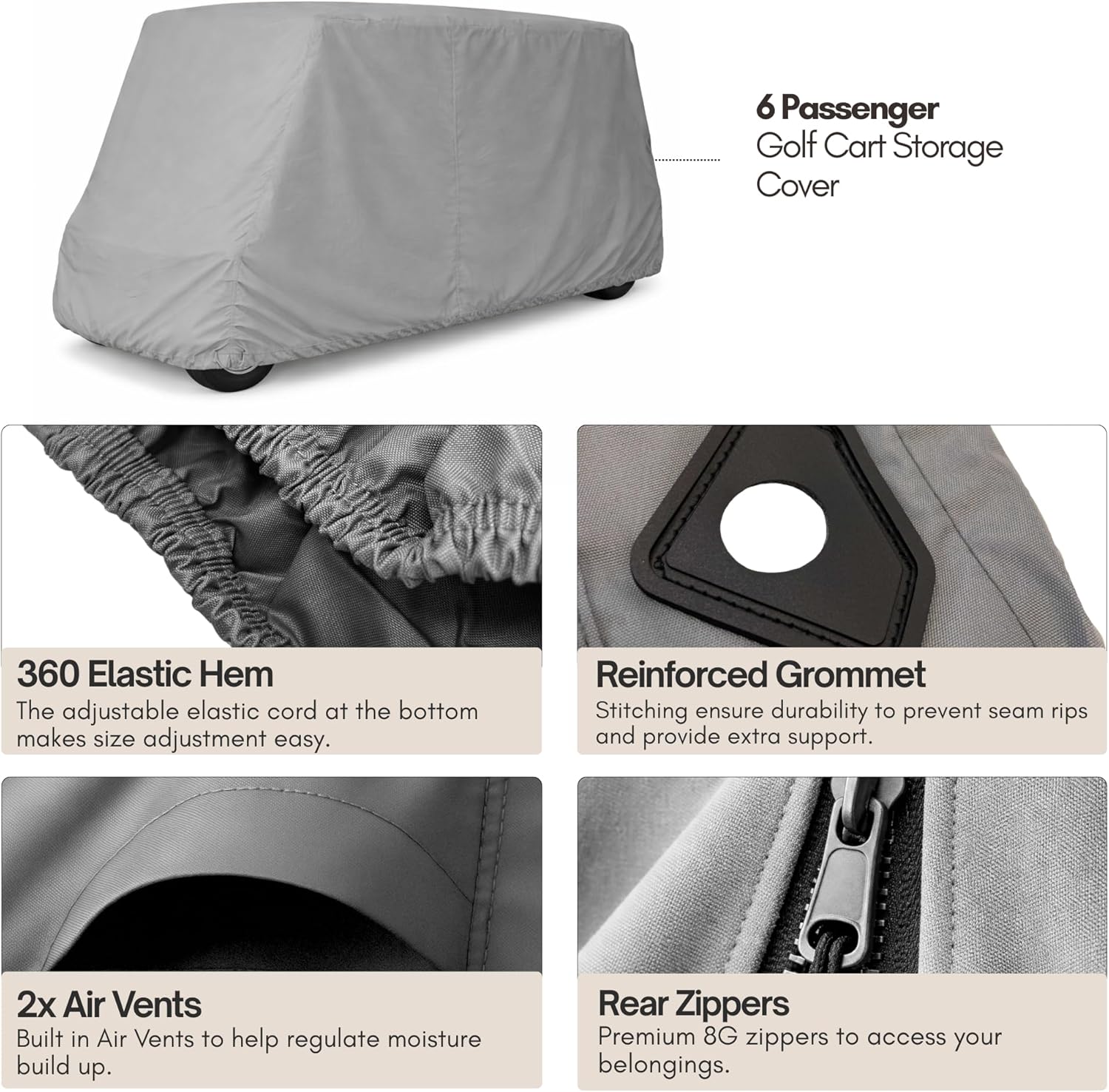 Formosa Covers | Deluxe 6 Passenger Golf Cart Cover fits E Z GO, Club Car Limo, Yamaha, Polaris Gem e4 Model, Icon i60L - Stays Put in Wind and Rain - Storage Bag Included (Grey)