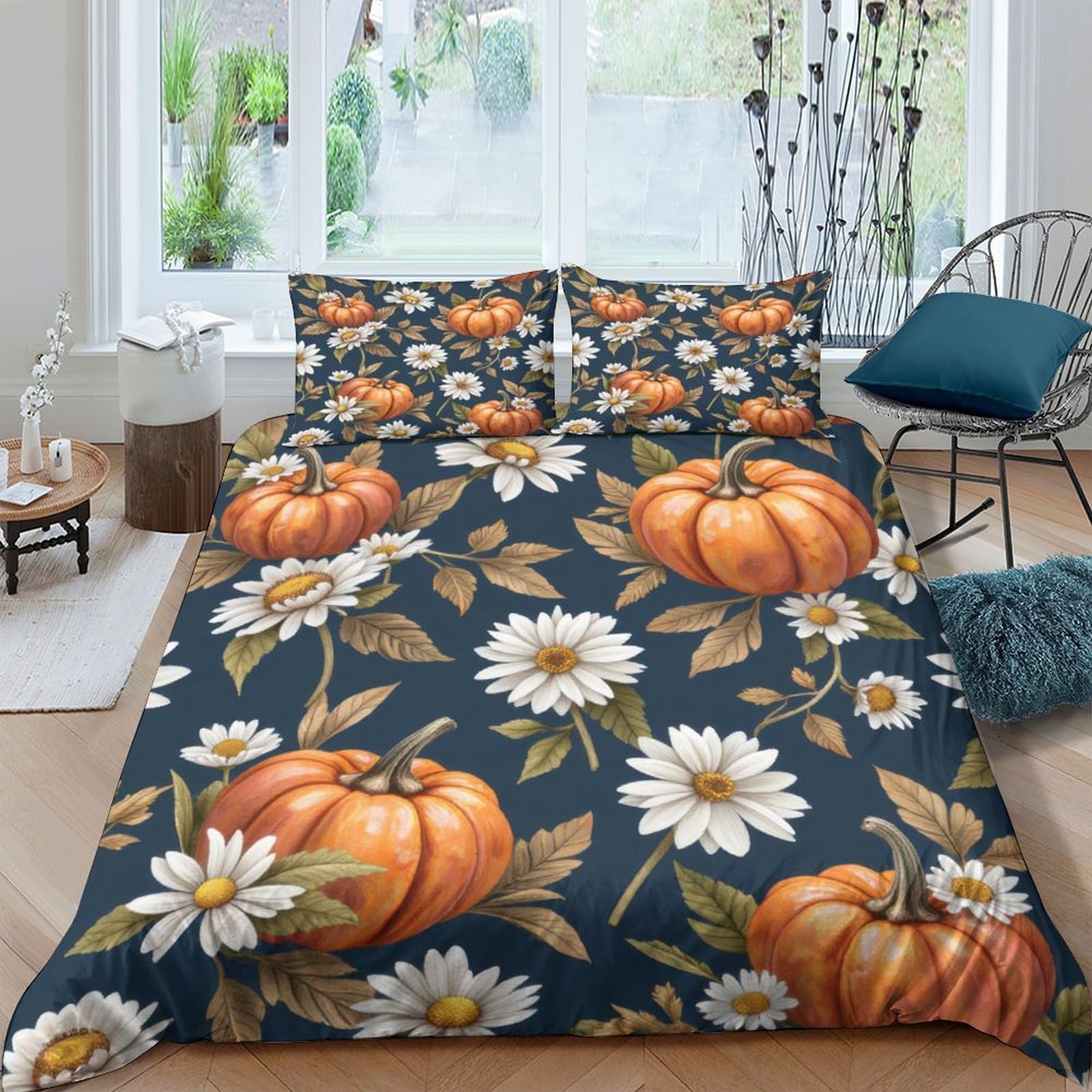XFKLYNVCJ 3D Printed Autumn pumpkins Duvet Cover Microfiber Floral vintage design Bed Cover Hypoallergenic Wrinkle Resistant Fade Resistant Easy Care Machine Washable for Home Use Single（135x200cm）