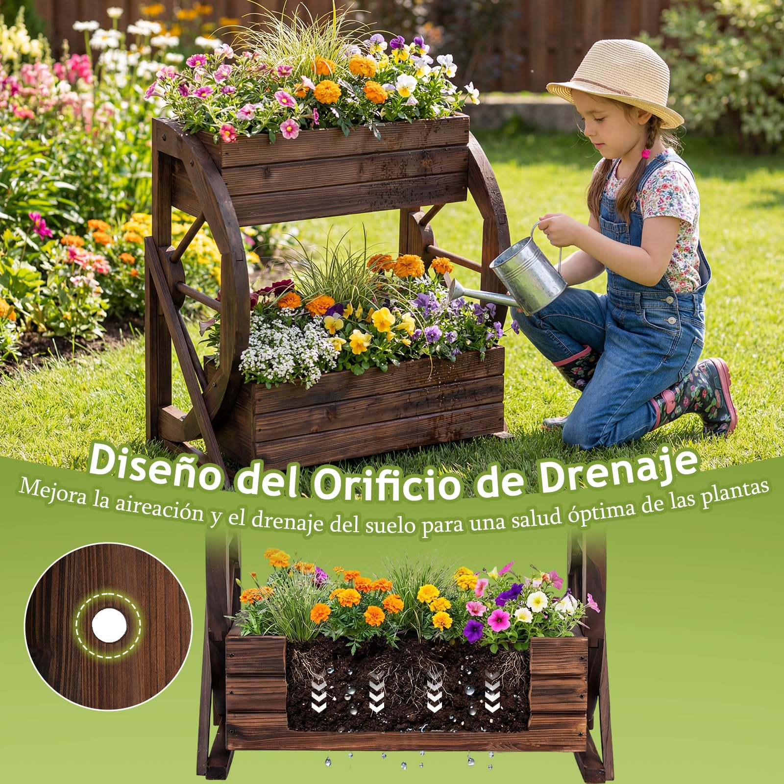 GOPLUS Huerto Urbano de Madera de 2 Niveles, Cama Elevada de Jardín Rústica con Orificios de Drenaje para Verduras Hierbas Flores, Jardinera Decorativa para Patio Balcón (33 x 56 x 56,5 cm)