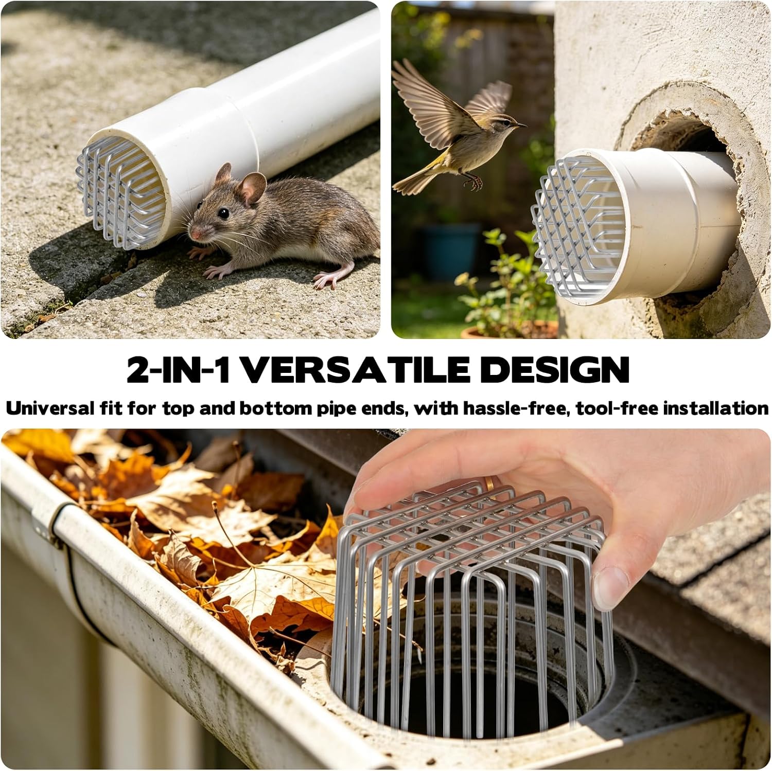 2 Pcs Stainless Steel Downspout Gutter Guard, 2.76" and 3.95" Diameter Adjustable Height with Cable Ties, Anti-Clogging Filter for Leaves & Branch Protection from Birds/Rodents Fits 2.5"-4.7" Pipe