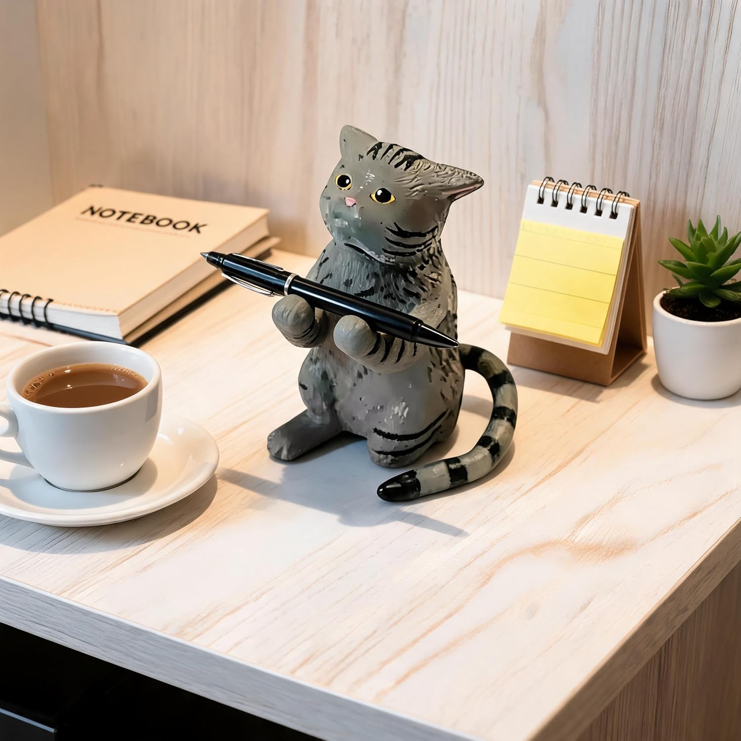 Gray Cat Figurine Ring and Pen Holder, Kawaii Desk Decor Accessory image 5