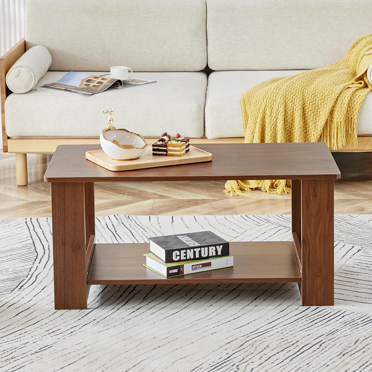 Modern 2-Tier Wood Coffee Tables Spacious Storage Rectangle Table in Walnut, Ideal for Living Room,Reception Room(Walnut, 35.4"*19.6"*16.5")