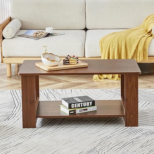 Miniatura 2 de Mesas de centro modernas de madera de 2 niveles, mesa rectangular de almacenamiento espaciosa en nogal, ideal para sala de estar, sala de recepción