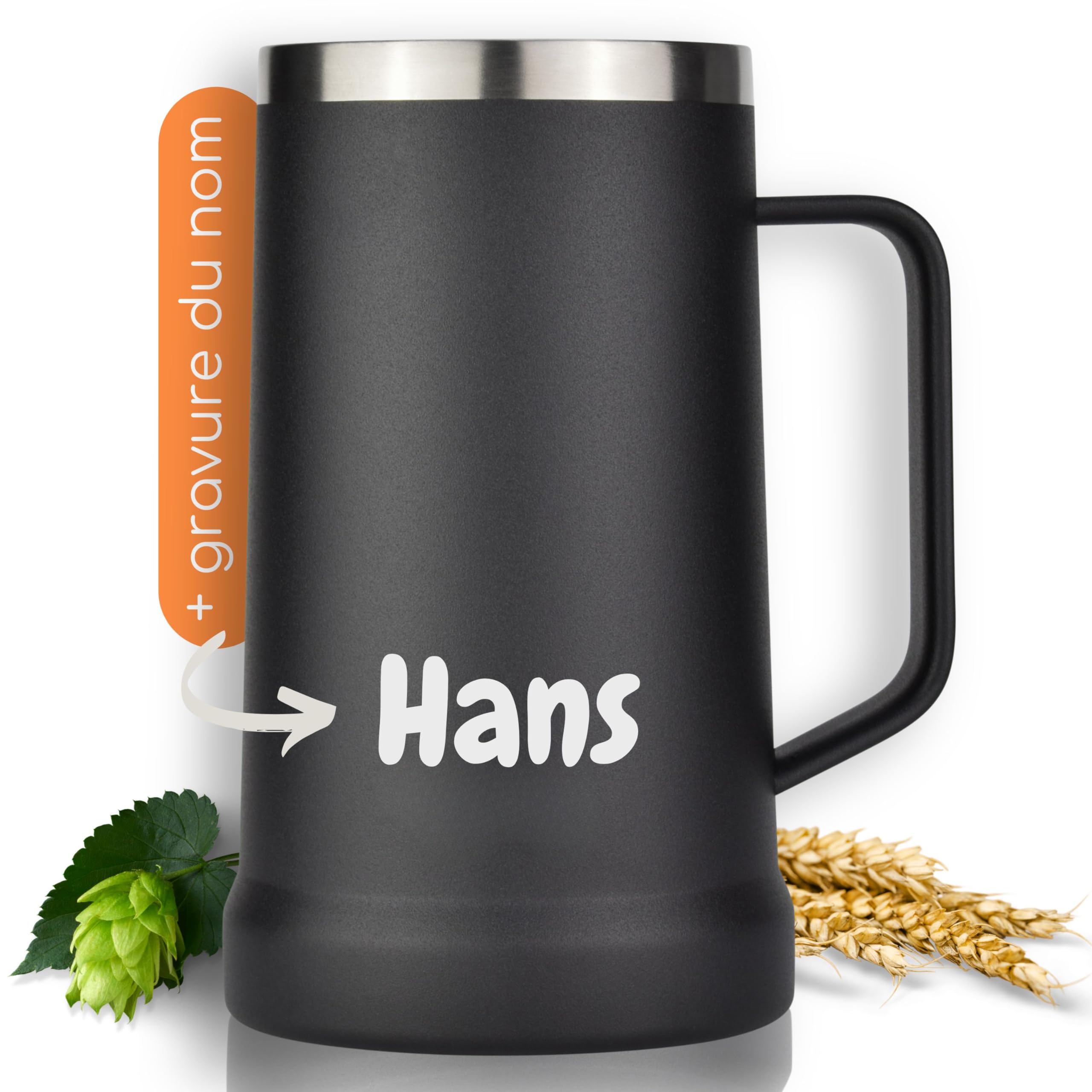 Milu chope de bière acier inoxydable avec gravure | Verre à bière blanche isolant reste fraîche | Tasse à boire avec couvercle amovible | cadeau pour hommes (700ml + gravure)