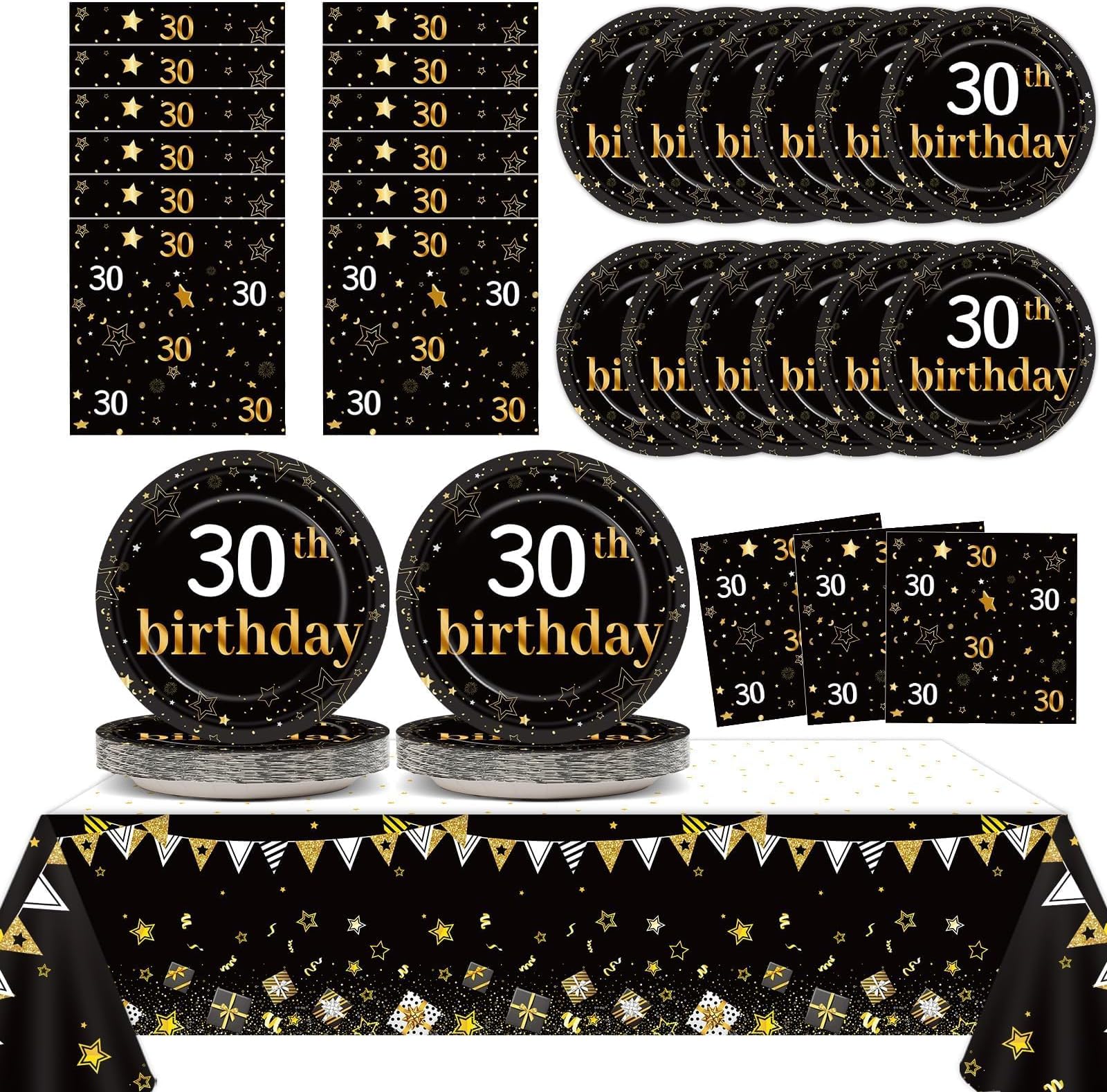 30th Birthday Party Supplies Serves 24 Black and Gold 30 Years Old Birthday Party Decorations Paper Plates Napkins Cheers to 30 Years Tablecloth Set Vintage 1995 Tableware Favors Kit for Men or Women