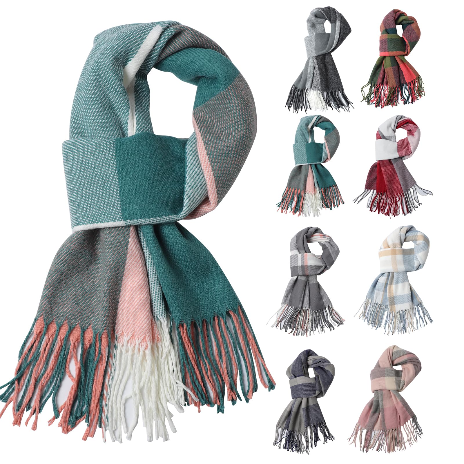 Fjquamitix Women's Pink + Green Tartan Cashmere Scrarf, Scarves Wraps Winter Long Soft Warm Tassel Shawls Stole Gifts For (Pink + Green)