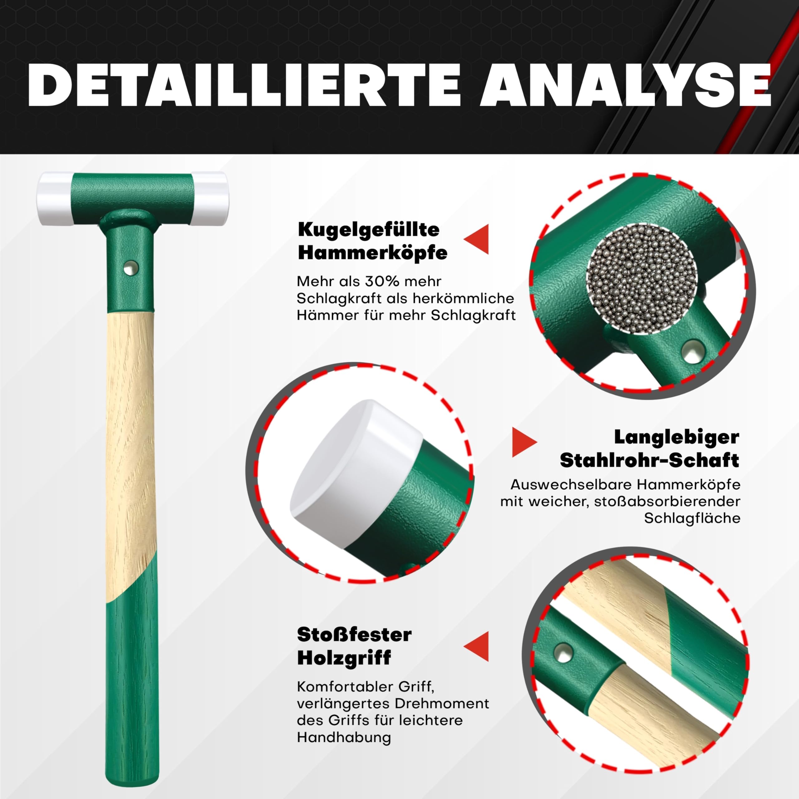 C&T Martello di protezione, martello di protezione senza contraccolpo, battente morbido, diametro 30 mm, manico in legno con testa in nylon intercambiabile per manutenzione e montaggio, 30 mm, manico
