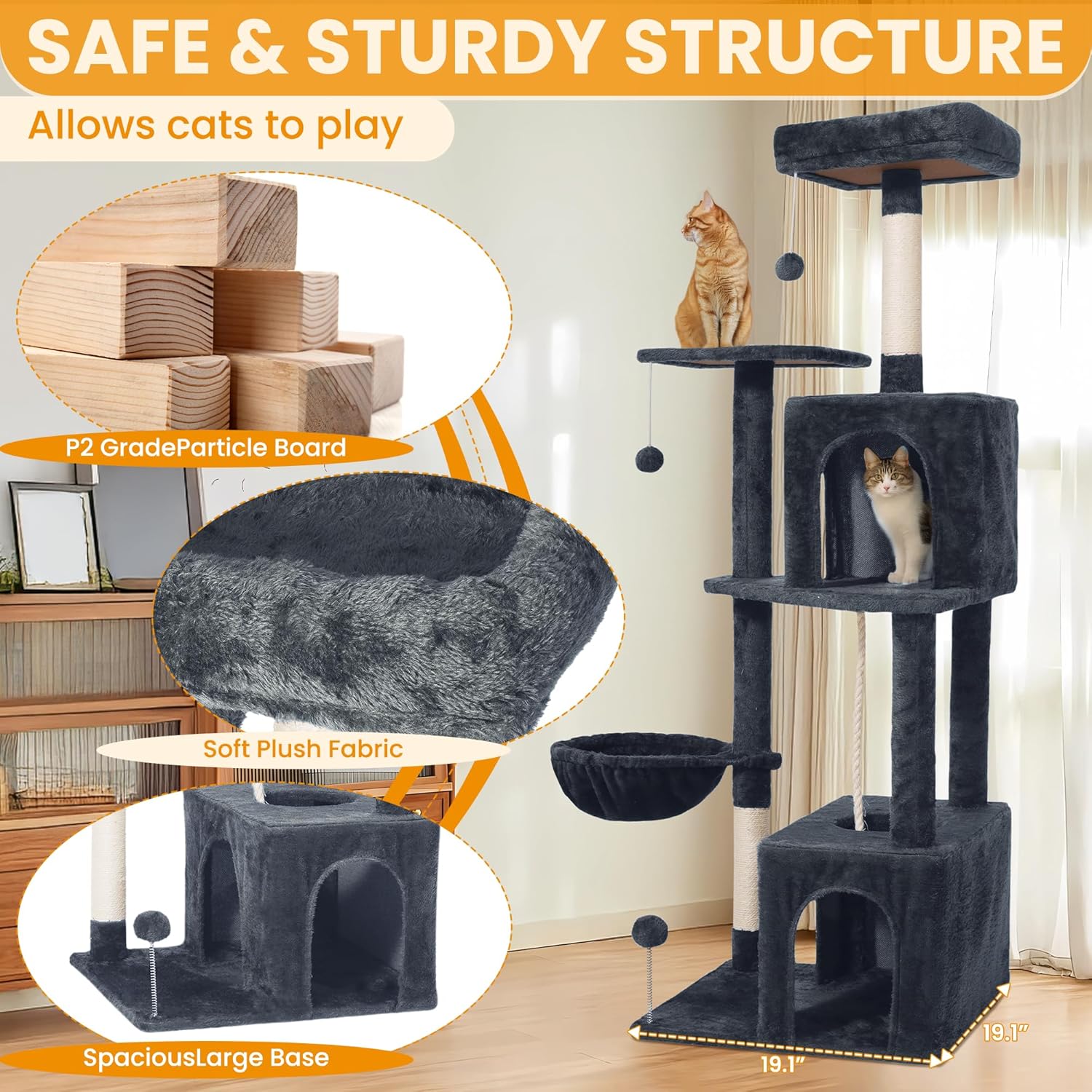 Cat Tree, 54-Inch Cat Tower for Indoor Cats, Soft Plush Multi-Level Climbing Cat Condo with Scratching Posts, Basket, Perches,2 Caves,2 Pompoms Play House for Cat(Dark Gray)