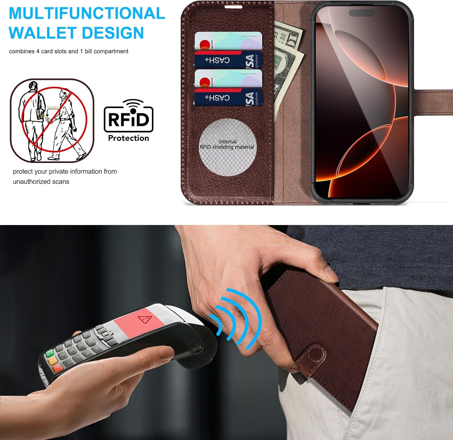 Genuine Leather Magnetic Detachable Wallet Case for iPhone 16 Pro | 2-in-1 Flip Folio Cover with Card Slots, RFID Blocking, Shockproof,Dark Brown