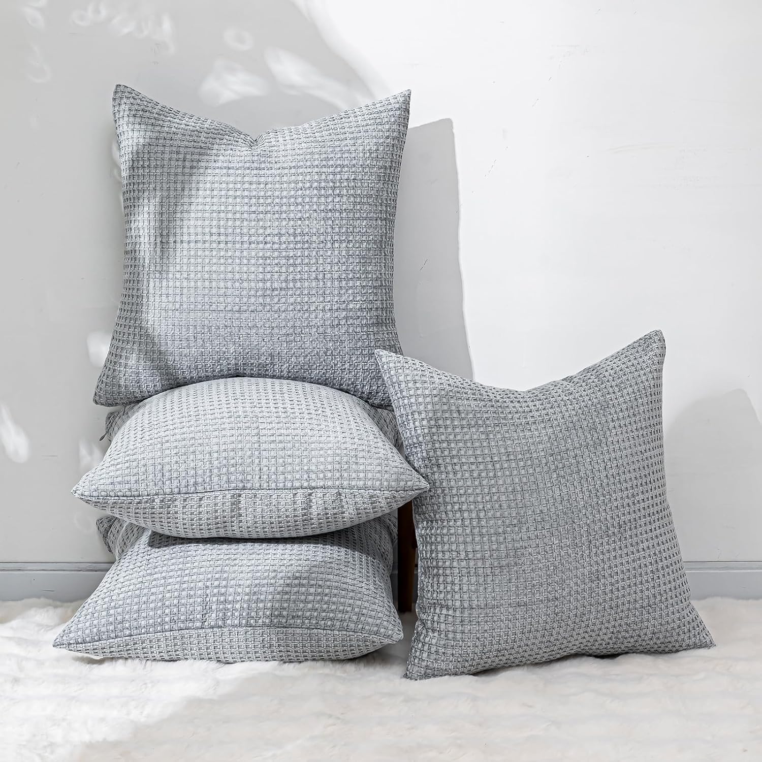 Pack of 4 Throw Pillow Covers 18x18 inch Light Gray Boho Cushion Covers Decorative Farmhouse Pillow Covers for Couch Bed Sofa Living Room Home Decor Soft Square Pillowcase