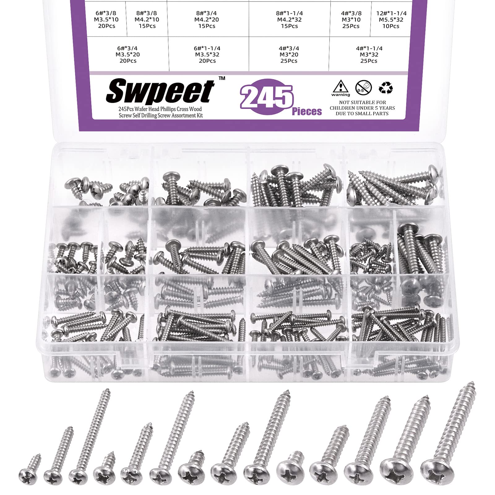 Swpeet 245Pcs 14 Sizes #4#6#8#10#12 304 Stainless Steel Pan Head & Round Head Self Tapping Screws Assortment Kit