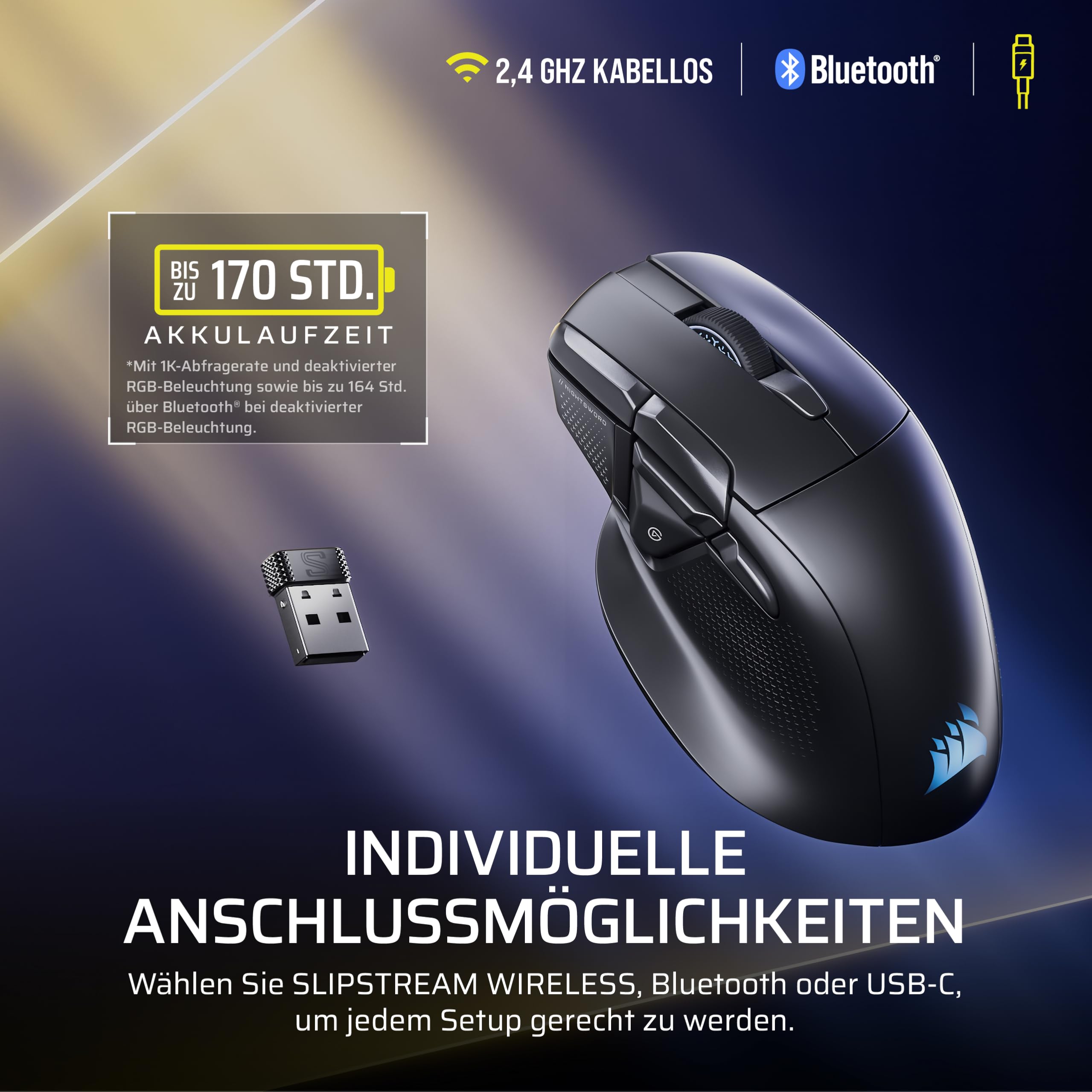 Corsair NIGHTSWORD v2 Wireless SD Gaming-Maus – Schwarz | Stream Deck-Taste, 8000Hz Hyper-Polling, 33K DPI, Ergonomisches Design, Bis zu 170 Stunden Akkulaufzeit