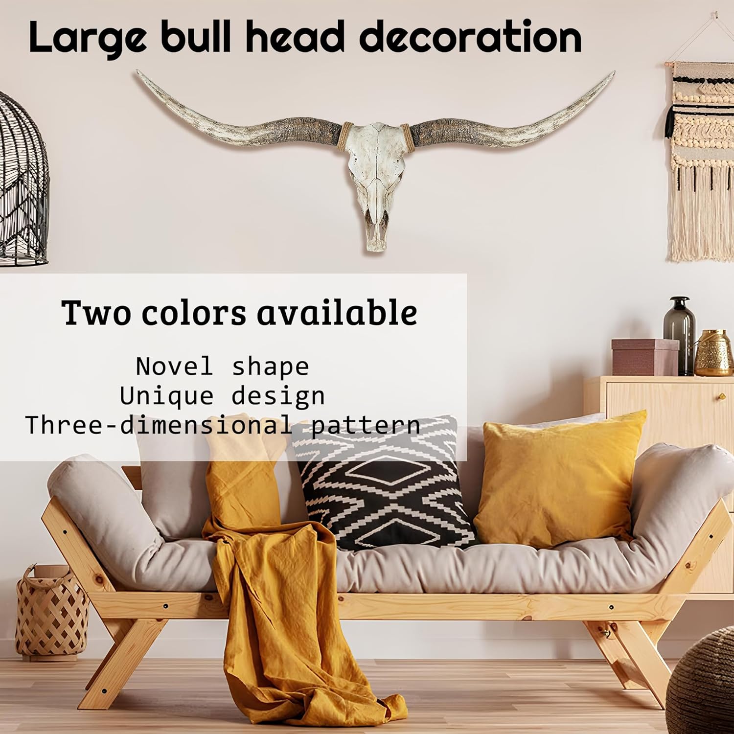 Longhorn Wall Decor, Cow Skull Wall Decor, 70-Inch Longhorn Skull Wall Sculpture, Faux Taxidermy Animal Head Handmade Farmhouse Decor, Home Office(Brown) (Brown)