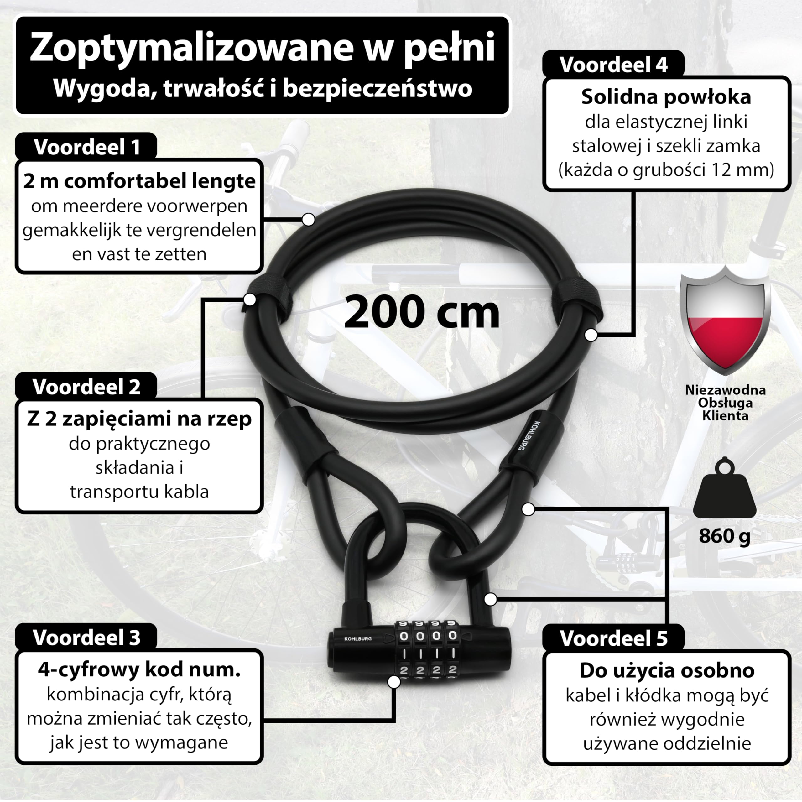 KOHLBURG zamek szyfrowy 200 cm | Linka stalowa z kodem do roweru 2 metry, kabel mebli ogrodowych i sprzętu 2 m